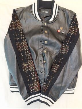 Guess Black Leather Bomber Jacket with Studded Knit Sleeves